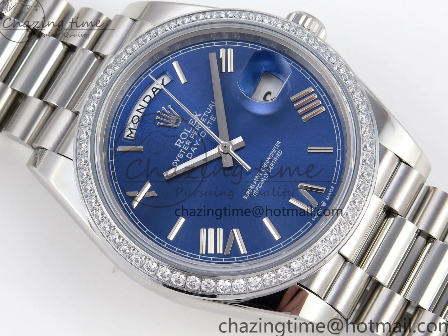 MiroTime 0426 QuickDry DayDate 40 SS GSF Gain Weight Blue Roman Dial Diamonds Bezel on President Bracelet A 1917